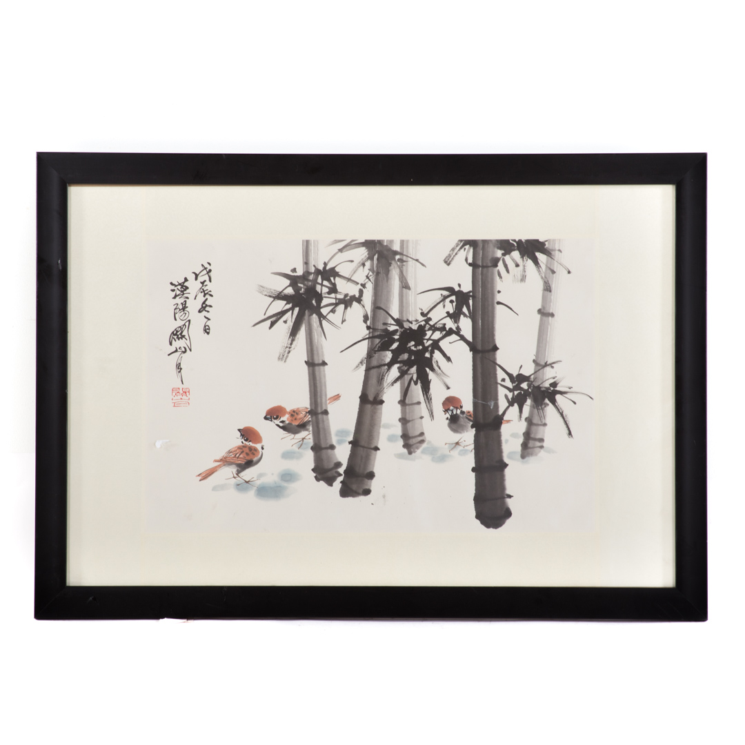 Appraisal: Chinese School th century gouache songbirds in winter bamboo forest