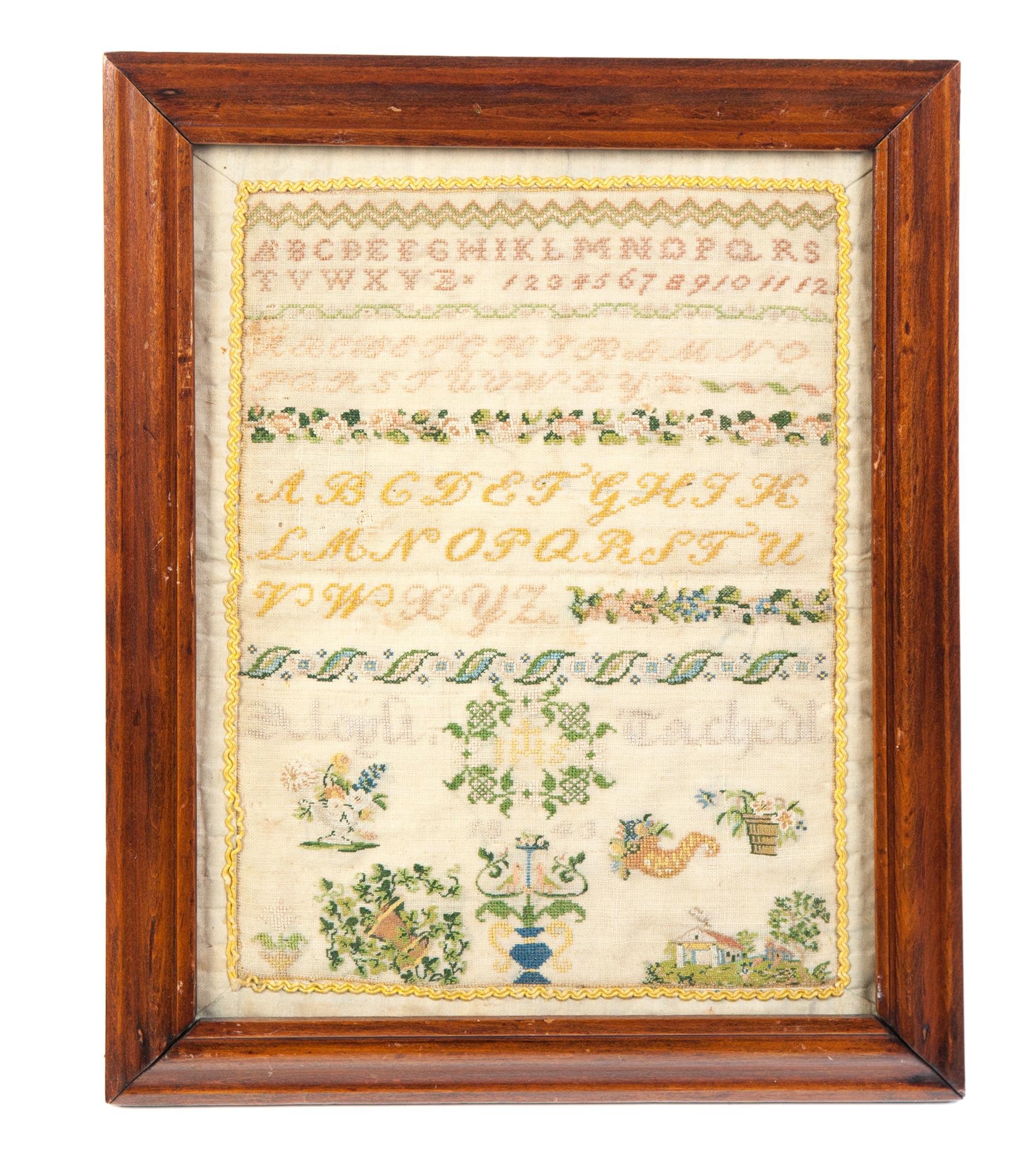 Appraisal: SAMPLER Probably Germany silk on wool Minutely worked cross-stitching and