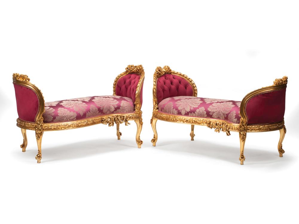 Appraisal: Pair of Beaux Arts Giltwood Benches exuberantly carved fuchsia button