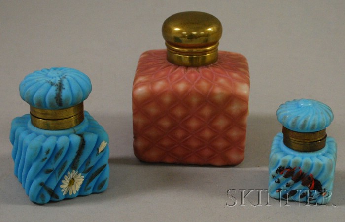 Appraisal: Three Victorian Molded Satin Art Glass Inkwells