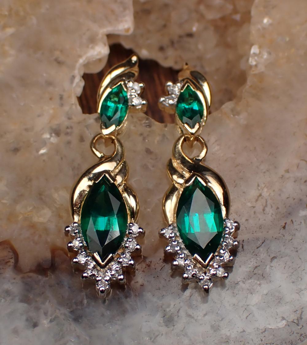 Appraisal: PAIR OF LAB CREATED EMERALD AND DIAMOND EARRINGS each k