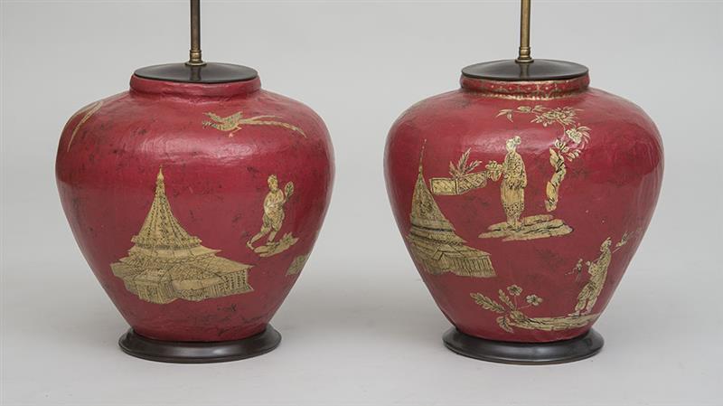 Appraisal: PAIR OF RED PAPIER-M CH CHINOISERIE DECORATED LAMPS DESIGNED BY