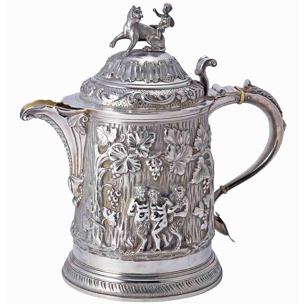 Appraisal: English Silver Cider Jug Marks effaced th century The finial