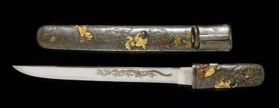 Appraisal: AN EDO-PERIOD TANT SHIBUICHI MOUNTED IROE-TAKAZ GAN L blade cm