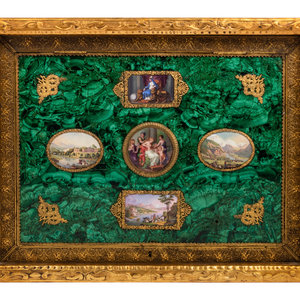 Appraisal: An Enamel Plaque and Gilt Metal Mounted Malachite Veneered Panel