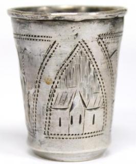 Appraisal: Tsarist Russian Silver Vodka Glass Incised with rudimentary farm houses