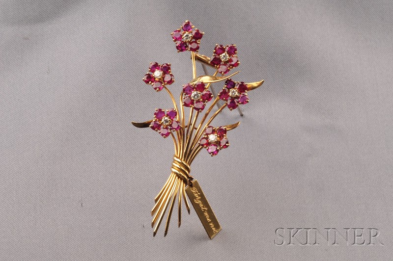 Appraisal: Ruby and Diamond Forget-me-not Brooch Van Cleef Arpels designed as