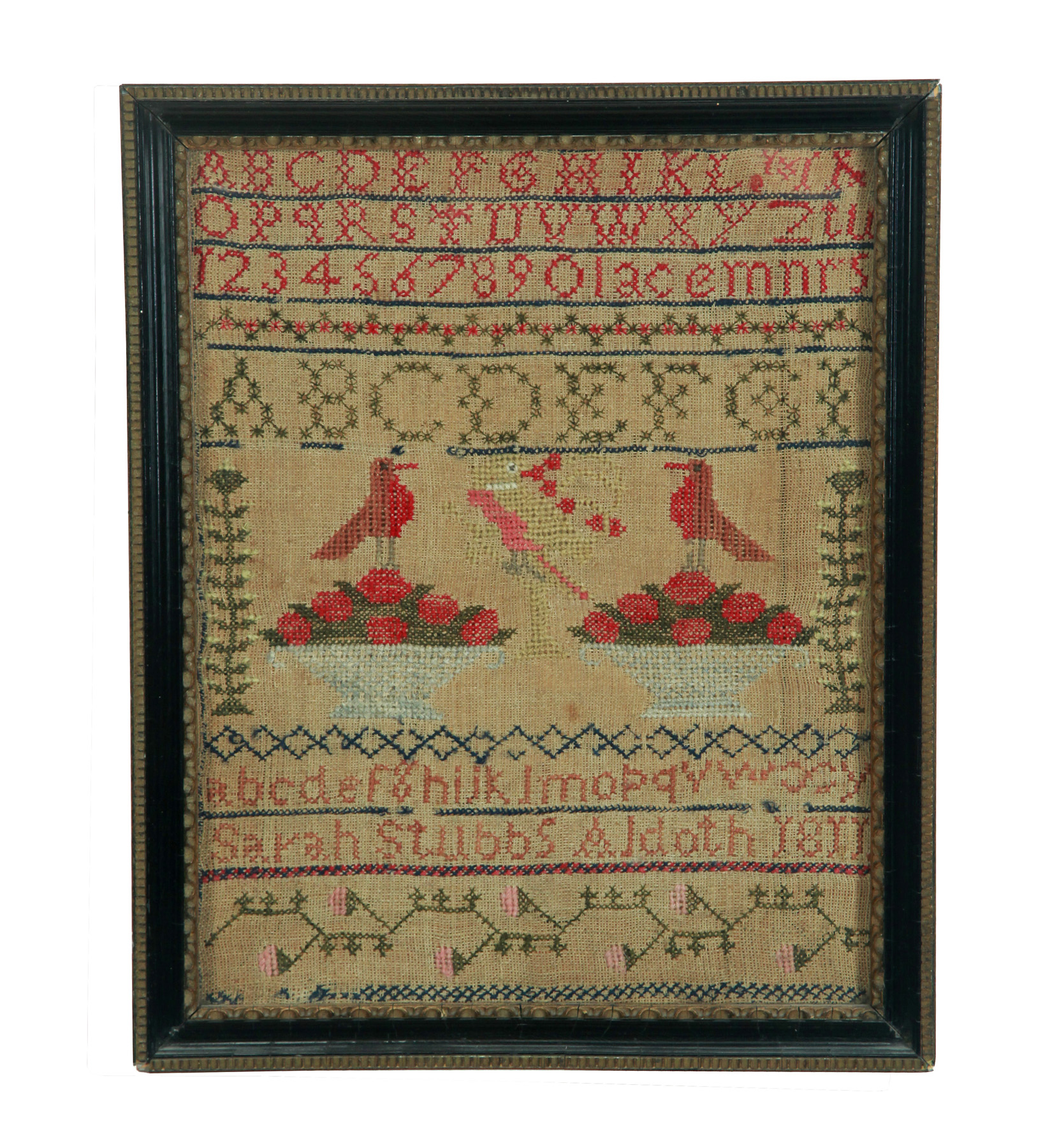 Appraisal: SAMPLER English or American silk on linen Large red breasted