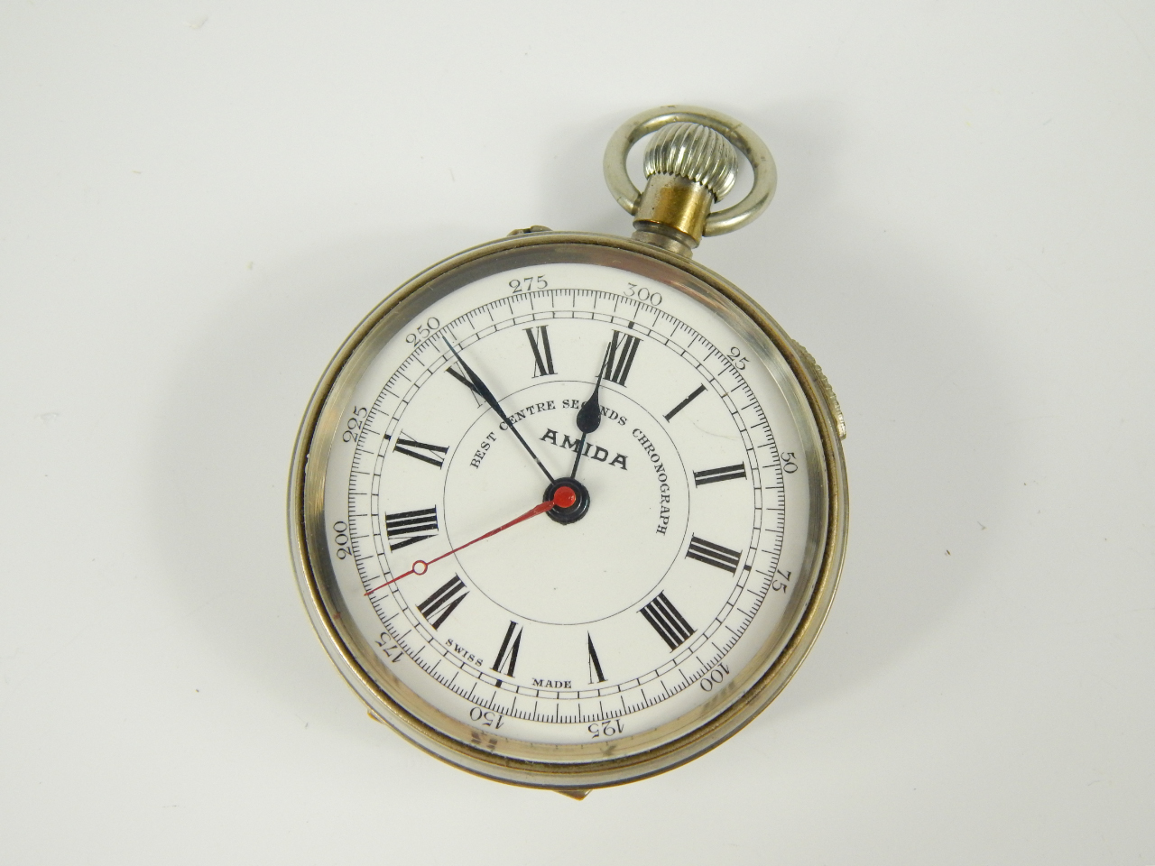 Appraisal: An Amida plated chronograph pocket watch best centre seconds enamel