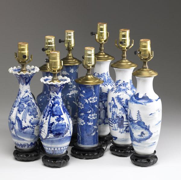 Appraisal: CHINESE EXPORT Six blue and white vases converted to lamps