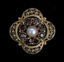 Appraisal: A Ladies' Gold Pearl Garnet Pin Brooch Quatrefoil-shaped k yellow