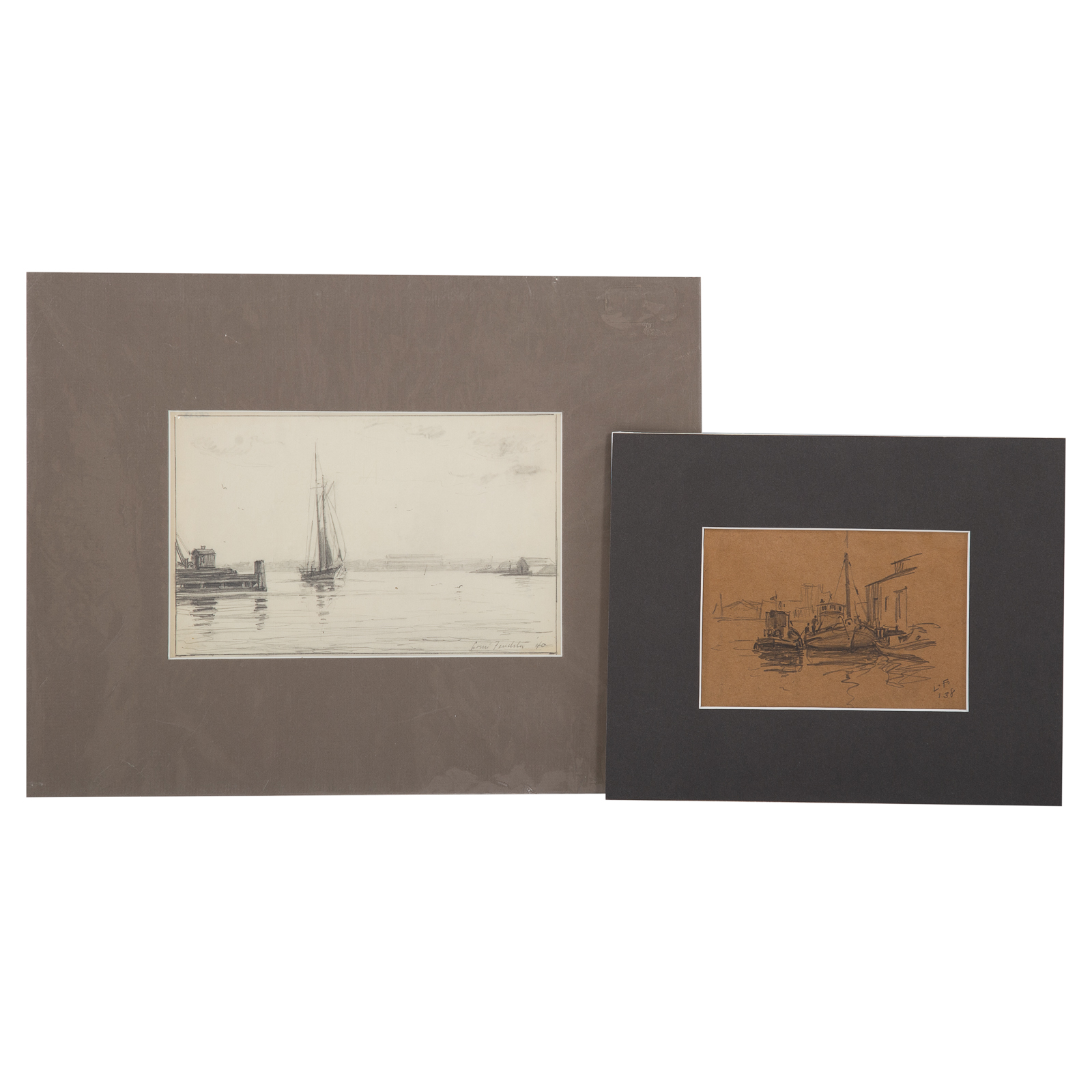 Appraisal: LOUIS FEUCHTER TWO GRAPHITE DRAWINGS American - Sailing Vessel at