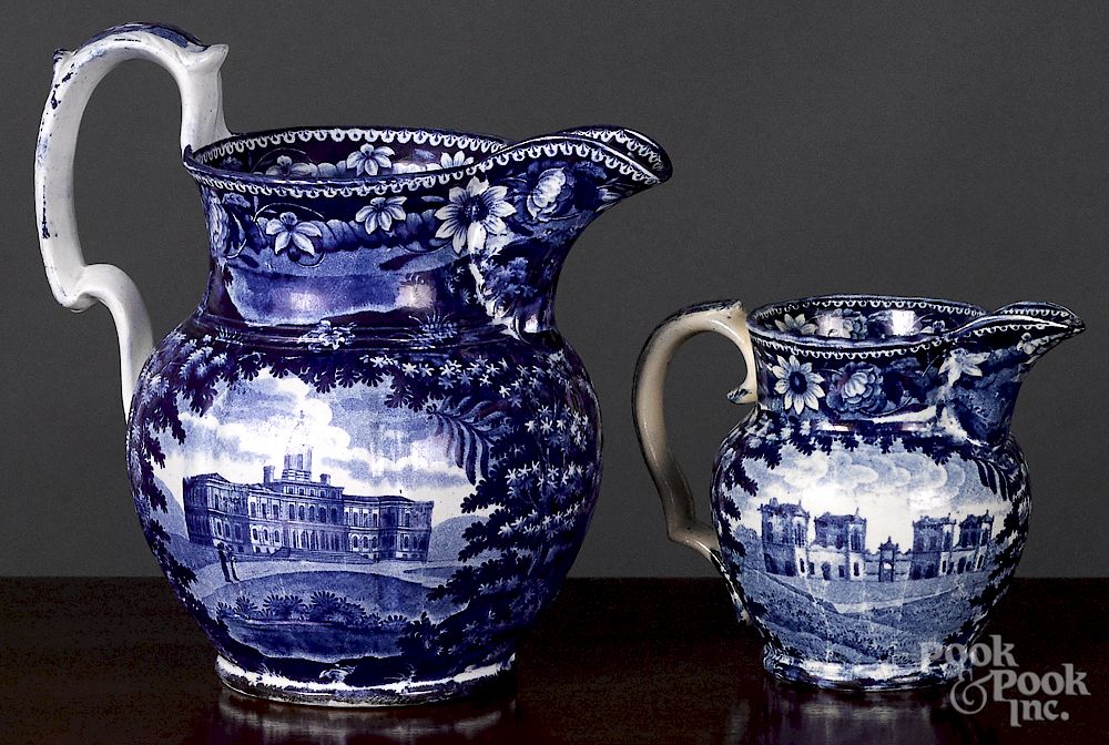 Appraisal: Historical Blue Staffordshire pitcher and creamer Historical Blue Staffordshire Insane