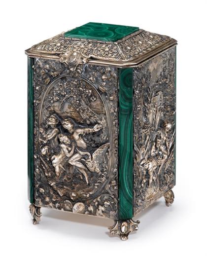 Appraisal: German silver and malachite tea caddy late th century Of