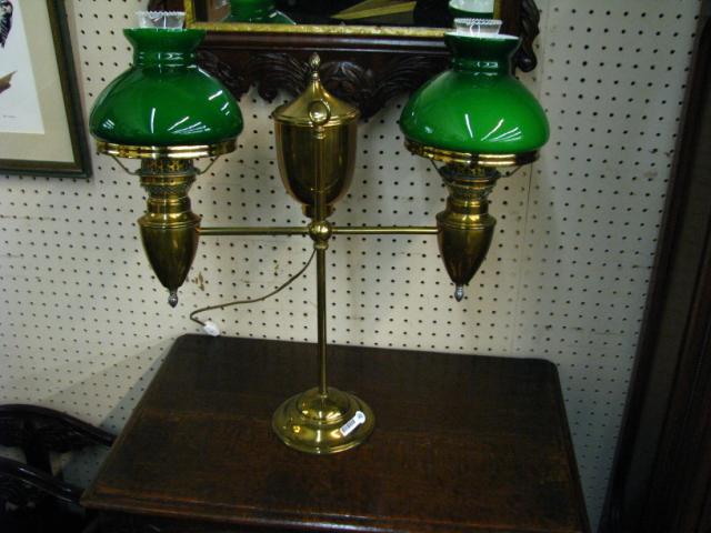 Appraisal: Vintage double student lamp green case glass shades flame finials