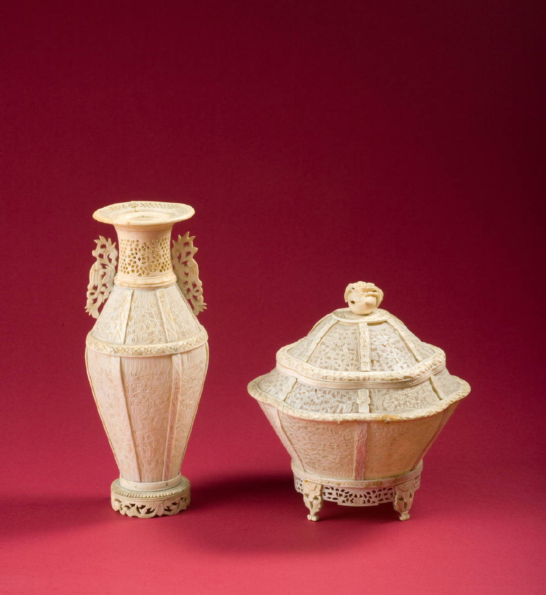 Appraisal: CARVED IVORY VASE AND COVERED BOWL WITH INTRICATE BAS RELIEF