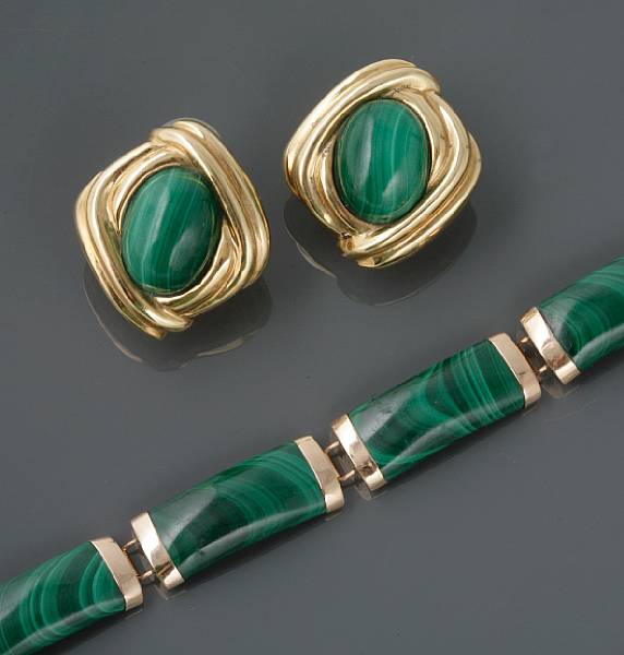 Appraisal: A pair of malachite and gold earclips with bracelet earclips