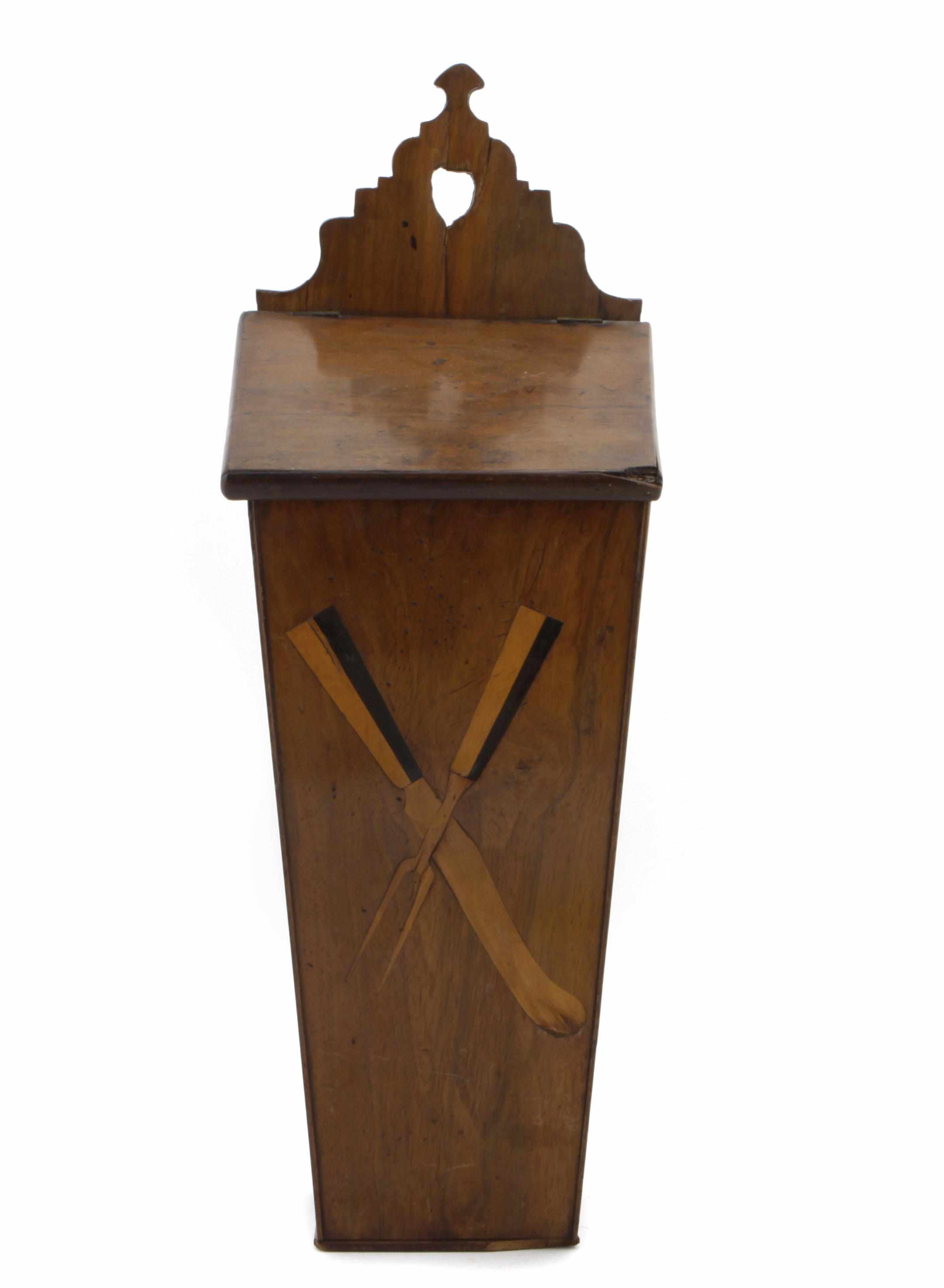 Appraisal: A late Georgian inlaid mahogany hanging cutlery box height in