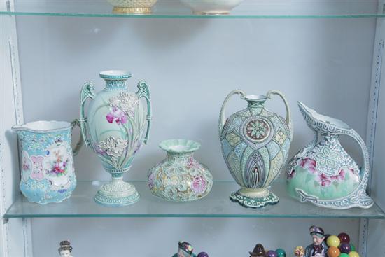 Appraisal: FIVE PIECES OF NIPPON All highly embossed with polychrome floral