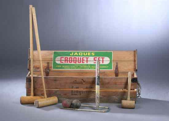 Appraisal: ENGLISH CROQUET SET WITH PINE BOX London by Jaques Comprising