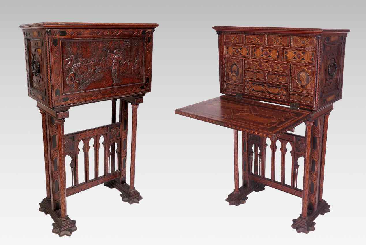 Appraisal: SPANISH CARVED AND INLAID VARGUENO DESK ON STAND With Moorish