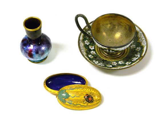 Appraisal: Three pieces of enameled decorative arts including miniature iridescent purple