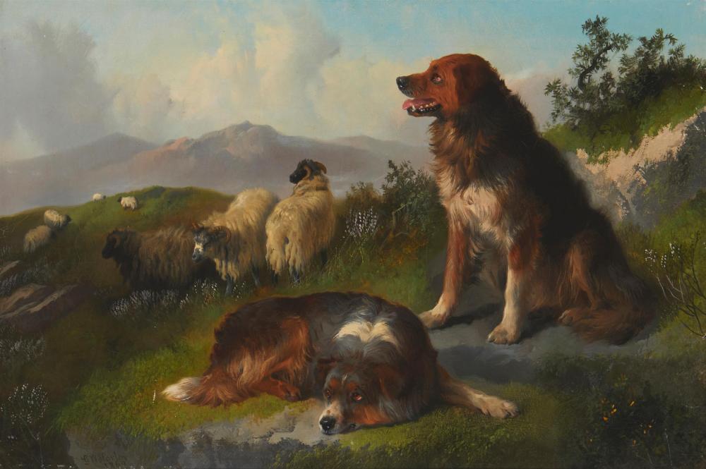 Appraisal: George William Horlor - British Sheepdogs guarding their flock Oil