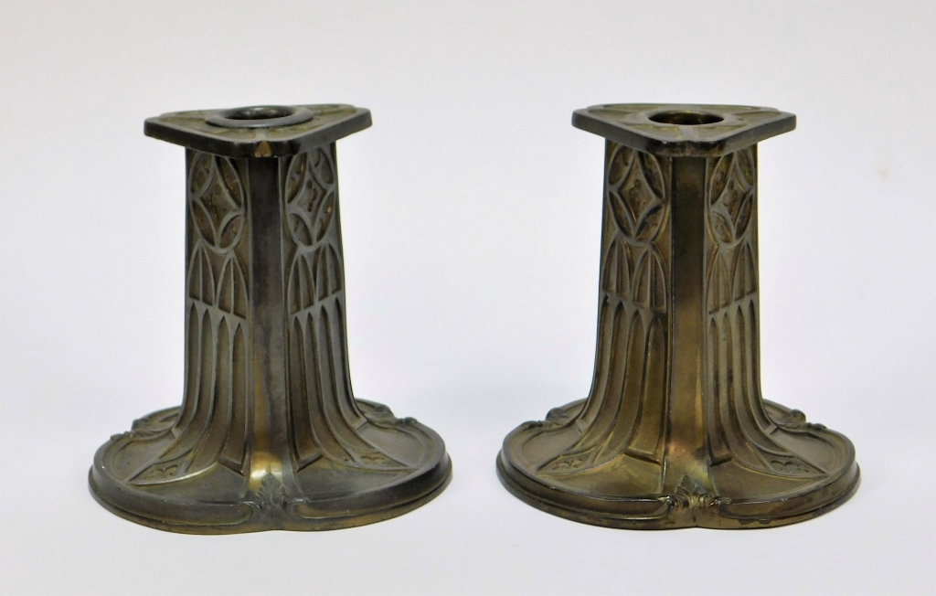 Appraisal: PR PAIRPOINT ART DECO METAL CANDLESTICKS Massachusetts th CenturyTriangular shaped