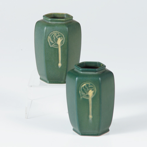 Appraisal: Pair of ROSEVILLE green Hexagon cabinet vases Two hairlines and