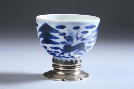 Appraisal: CHINESE BLUE AND WHITE PORCELAIN STEM CUP Ming Dynasty Qilin