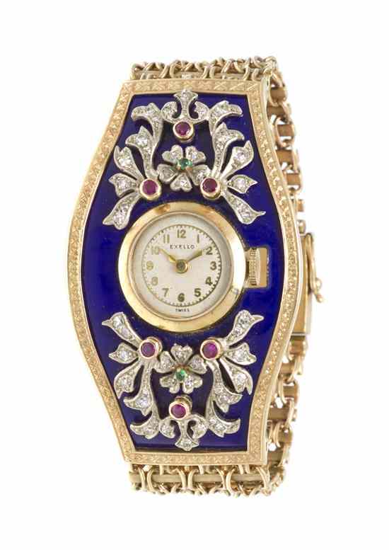 Appraisal: A Karat Yellow Gold Enamel Ruby Emerald and Diamond Watch