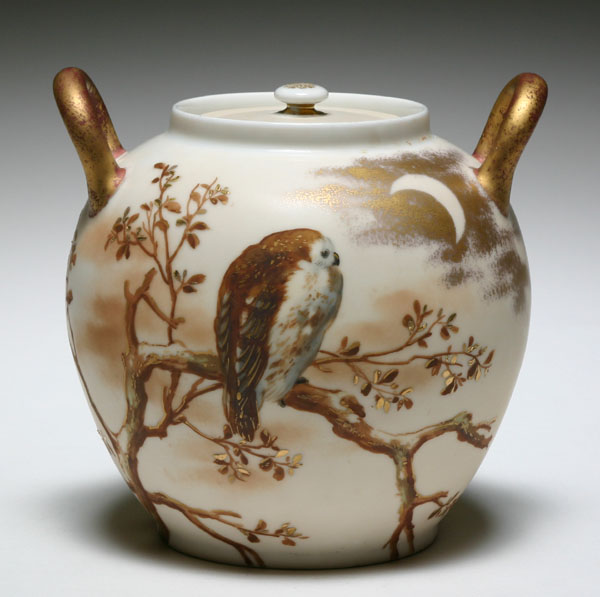 Appraisal: Hand painted lidded porcelain jar with applied gilt handles owl