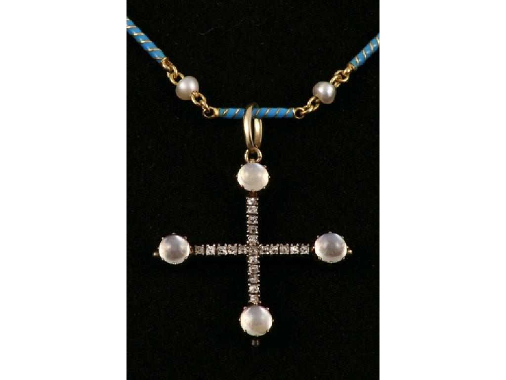 Appraisal: CARLO GIULIANO A MOONSTONE DIAMOND ENAMEL AND SEED PEARL NECKLACE