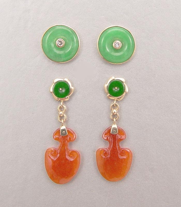 Appraisal: TWO PAIR K JADE EARRINGS Brown jadeite dangles from green