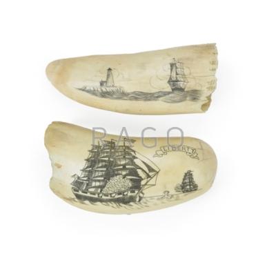 Appraisal: WHALE TEETH SCRIMSHAW Two with nautical scenes th th c