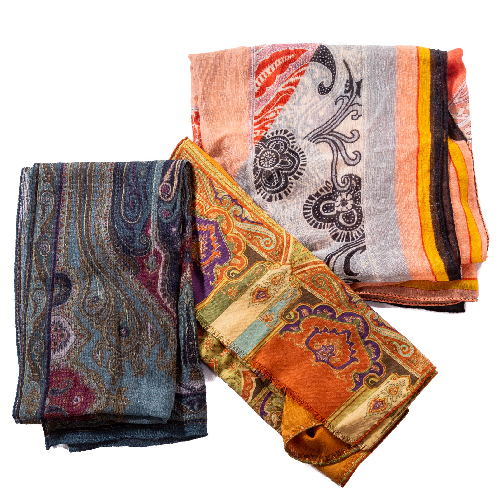 Appraisal: THREE ETRO SILK WOOL CASHMERE MUFFLERS A peach and multicolor