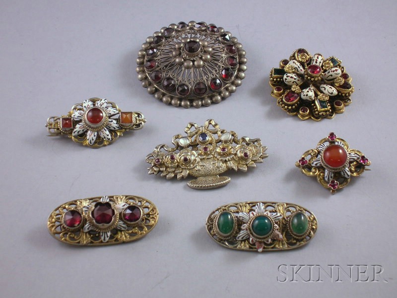 Appraisal: Seven Victorian Gem-set and Enameled Costume Brooches