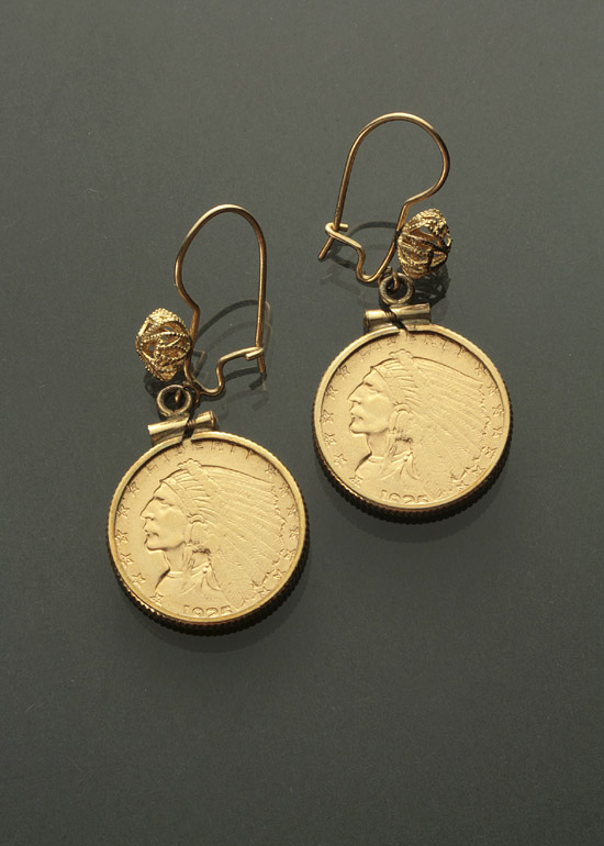 Appraisal: Pair of U S Indian Head Two-and-One-Half-Dollar Gold Coin Pierced