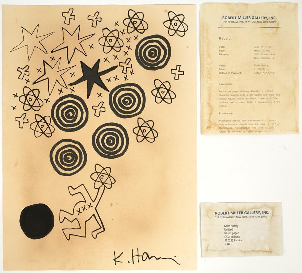 Appraisal: ATTRIB KEITH HARING INK DRAWING WITH PAPERWORKAttributed to Keith Haring