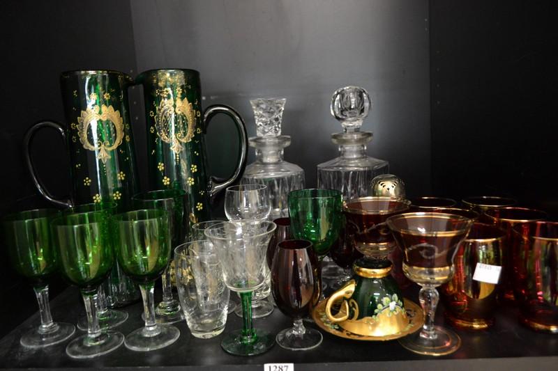 Appraisal: SHELF OF ASSORTED COLOURED GLASS INCL VICTORIAN STEMWARE ETC