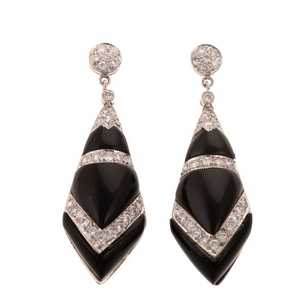 Appraisal: A Pair of Black Onyx Diamond Earrings in K K