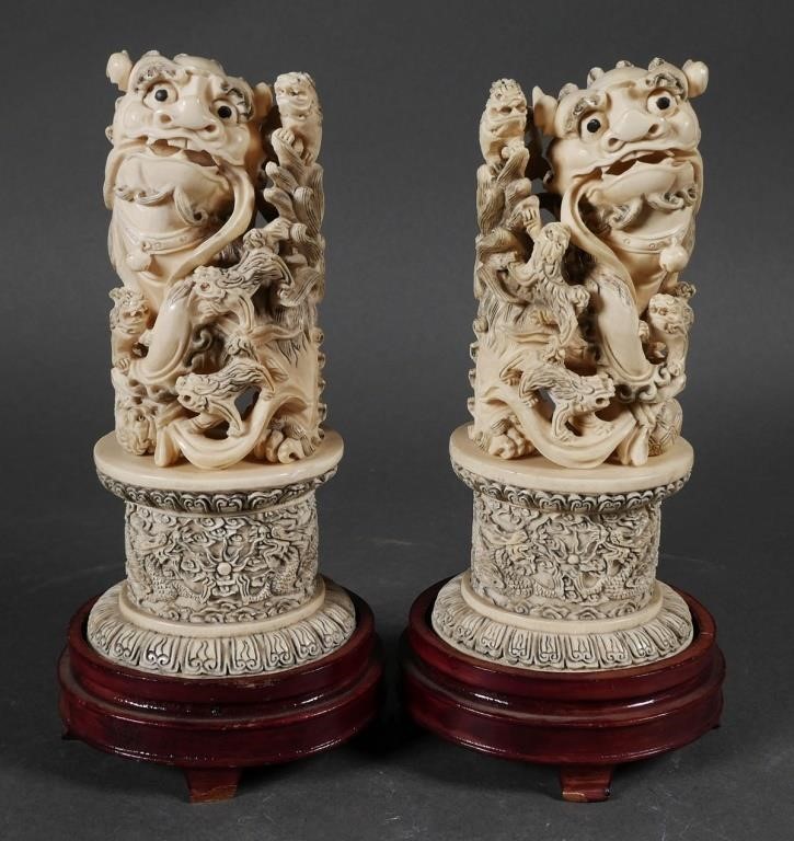 Appraisal: PAIR ANTIQUE CHINESE CARVED IVORY FOO DOGSPair Chinese carved ivory