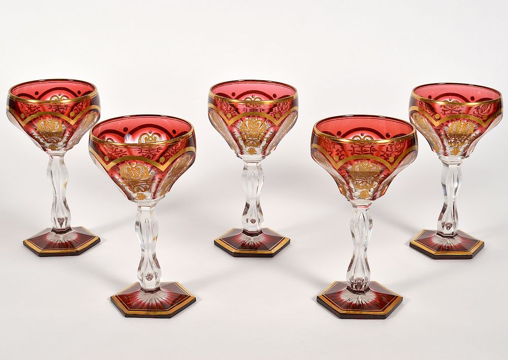 Appraisal: Five Antique Baccarat Empire Ruby Wine Glasses Rare ruby colored