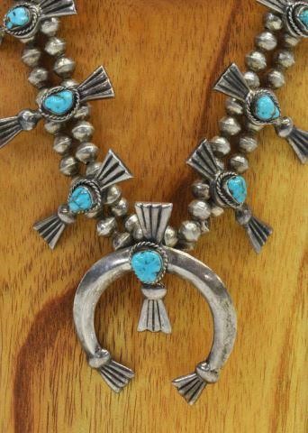 Appraisal: Native American silver content unknown squash blossom necklace bench bead