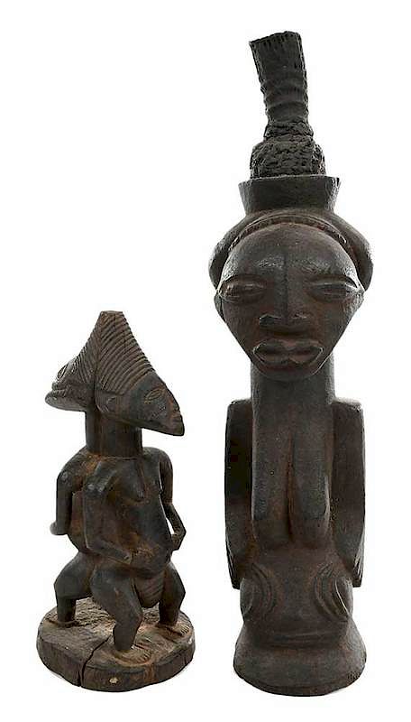 Appraisal: Two Carved Wood Luba Figures Central Africa double carving of