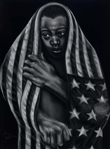 Appraisal: NONI OLABISI Brother and American Flag Charcoal and crayon on