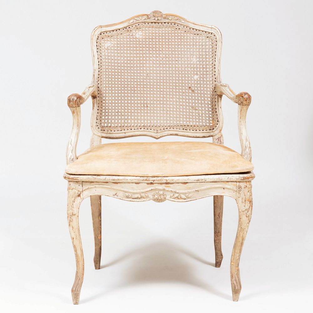 Appraisal: Louis XV Grey Painted Fauteuil La Reine Fitted with a