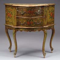 Appraisal: TWO DRAWER ITALIAN FRENCH-STYLE PAINTED CONSOLE TABLE Decorated with flower