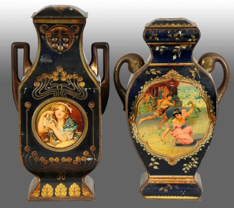 Appraisal: Lot of Early Tin Urns Description Various scenes on both