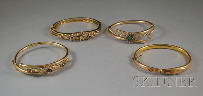 Appraisal: Four Gold and Gold-filled Gem-set Bangle Bracelets three marked kt